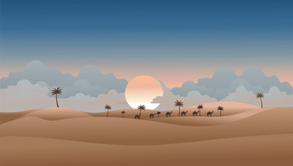 Peaceful Islamic Desert Landscape with Desert Caravan at Sunset.
