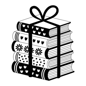 Stack of books with decorative spines tied with a bow