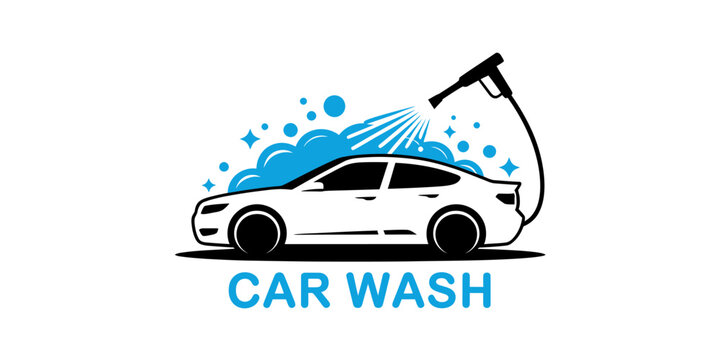 Illustrated Car Wash Logo Design with Blue Water Spray