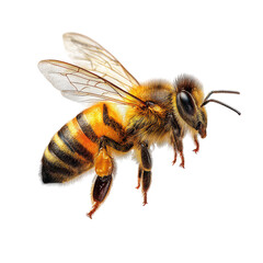 Close-up view of a honey bee in mid-flight near a flower during daytime