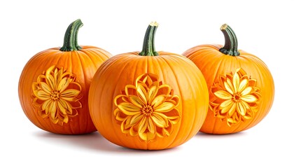 Obraz premium Three intricately carved pumpkins for Halloween decoration.