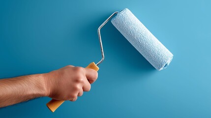 Obraz premium A person is holding a paint roller with a blue paint on it. The person is painting a wall