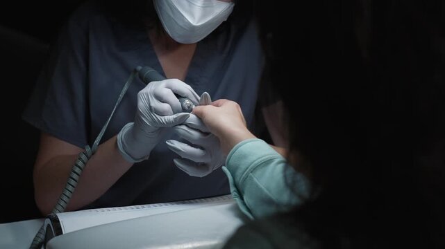 Nail preparation smoothing seam with drill near cuticle and leveling surface before painting
