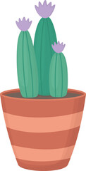 Illustration of a cactus with three branches and lilac flowers in striped pot. Cute houseplant isolated on white