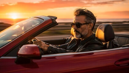 Man drives convertible under warm sunlight, feeling freedom and adventure, embodying luxury and sophistication for travel, lifestyle, and automotive campaigns
