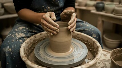 hands of artisan shaping wet clay on pottery wheel in workshop. person wearing dirty denim overalls. creative hobby and craftsmanship concept. art class flyer, craft blog.