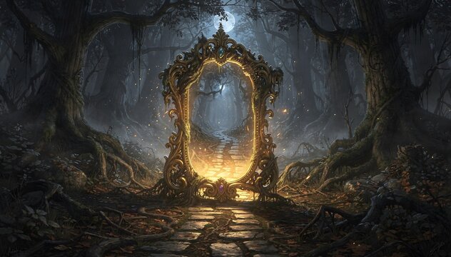 Enchanted Golden Mirror Portal in a Dark Forest: A Gateway to Mystery and Magic Beckons with Moonlight and Glowing Light in a Mystical and Dreamlike Ambiance