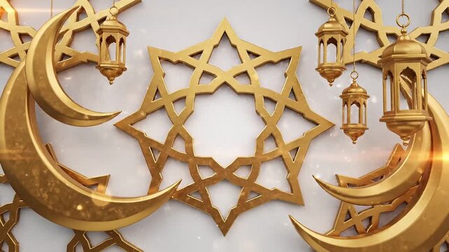 Golden crescent moons and lanterns in 4k video adorn Islamic art with star patterns