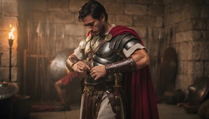 Roman Soldier Preparing for Battle: A Cinematic Scene of Ancient Warfare and Valor, Evoking Strength and Determination in a Historic Setting Ready for Action