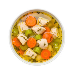 Delicious chicken soup with carrots and celery in a white bowl isolated on transparent background
