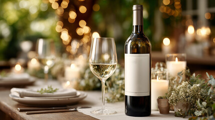 Luxury drink mockup. Alcohol bottle, blank label. Glass of white wine on a table. Festive celebration backdrop. Elegant setting for party or event. Perfect for showcasing high-end spirits