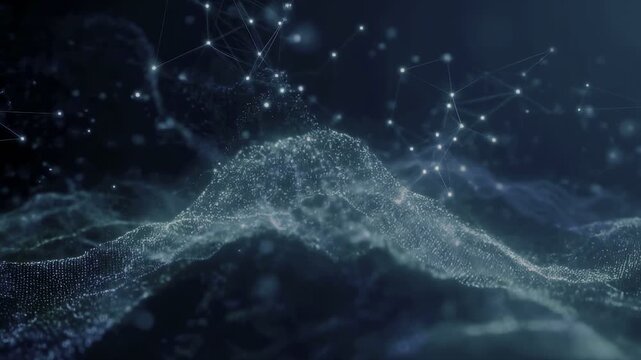 Abstract digital landscape with flowing particles and glowing connections. Represents the convergence of technology and data visualization in modern design