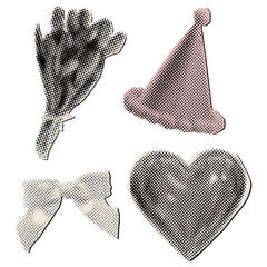 Love Valentine's day collage elements set, Halftone style cut out festive paper hat,heart,bouquet of tulip and ribbon bow
