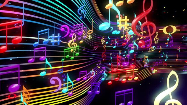 Colorful musical notes and staff notation floating on the stage background, recyclable