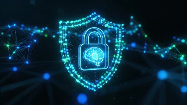 Digital security concept with glowing shield and brain icon, representing artificial intelligence and data protection