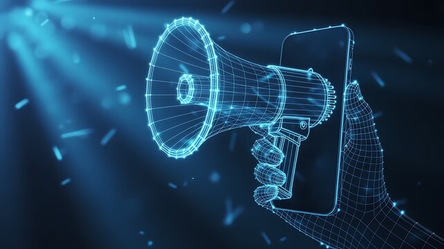Digital marketing concept showing a blue wireframe hand holding a megaphone and a smartphone symbolizing online communication and advertising.