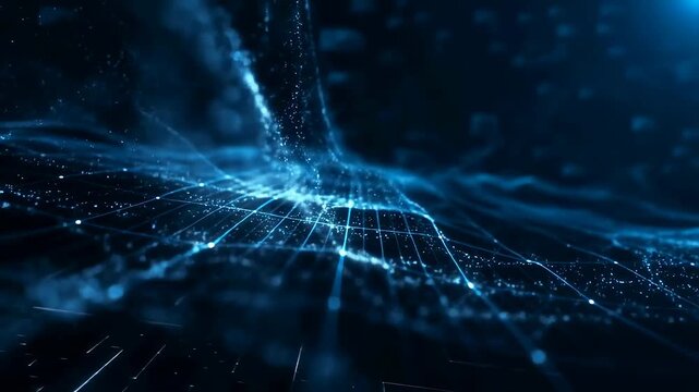 Abstract digital network with glowing particles and lines creating a futuristic landscape. Represents technology, data visualization, and connectivity in the digital age
