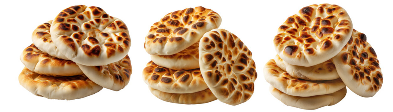 Set of Yemeni malawah flaky buttery bread baked round flatbreads with toasted spots stacked in pile, isolated on white background