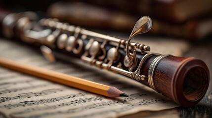 Elegant Woodwind Instrument on Sheet Music