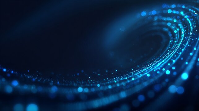Abstract blue dotted wave with glowing light particles forming spiral pattern on dark background