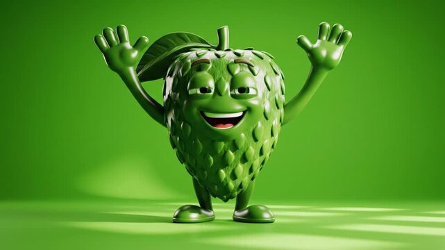 Glossy 3D Custard Apple Mascot Character Smiling on Green Screen Background
