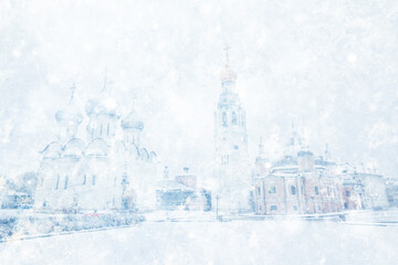 Snowfall in Vologda, a landscape of the city's historic center on a winter day, a cathedral in January