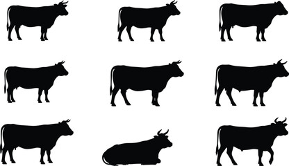 Cow silhouette illustration, black farm animal vector, standing and lying cow clipart, livestock icons, nature shapes, SVG design