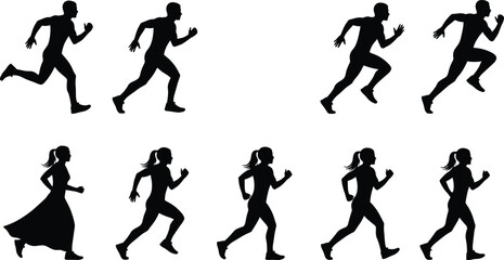 Running silhouette illustration, male and female runners, black athlete vector, motion pose clipart, fitness icons, SVG design set