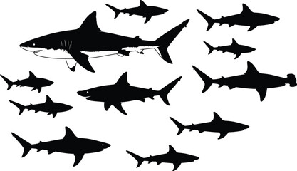 Shark silhouette illustration, black marine predator icons, hammerhead shark vector, ocean wildlife clipart, shark shapes, sea animal design
