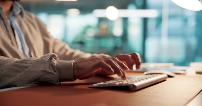 Typing, employee and hands with keyboard, creative or planning for blog post, online and copywriting. Office, copywriter and person with tech for social media marketing, article and project on web