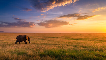 Lone elephant walking through a vast golden savanna at sunset with dramatic cloudy sky for wildlife safari travel concept