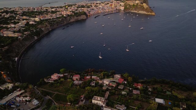 Island Of Procida On The Mediterranean Coast In Italy - Drone Shot