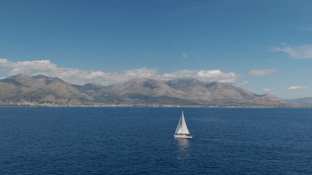 Scenic Gaeta With Sailing Boat In The Mediterranean Sea, Italy - Drone Shot