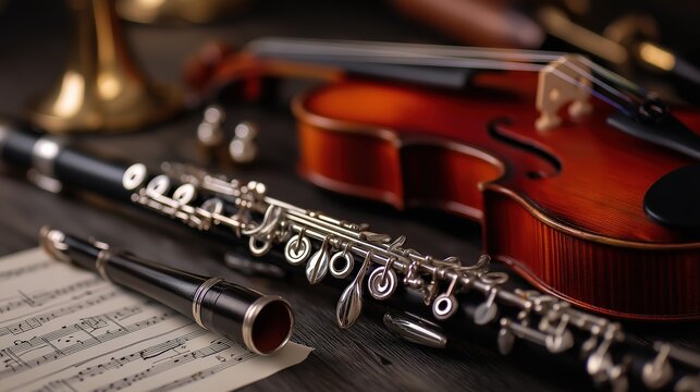 Instruments on Table with Sheet Music Displayed