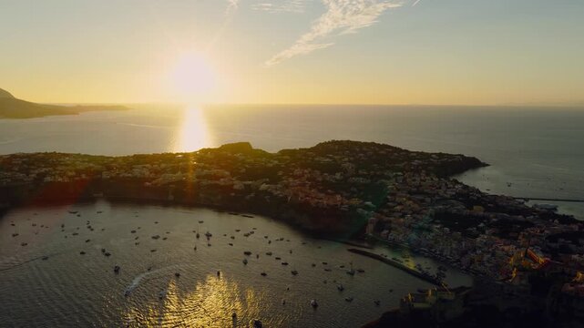 Panoramic View Over Procida Island At Sunset In Naples, Italy - Aerial Drone Shot