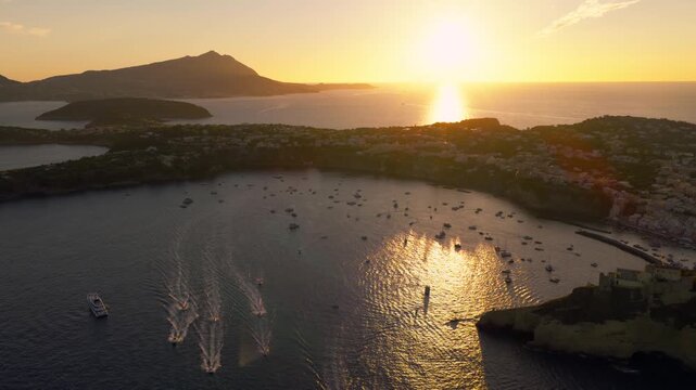 Procida Island During Sunset In The Bay Of Naples, Italy - Aerial Drone Shot