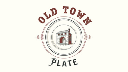 Obraz premium Vintage Old Town Plate Restaurant Logo Design.