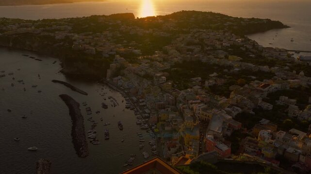 Sunset View Of Procida Island In Naples, Italy - Aerial Drone Shot