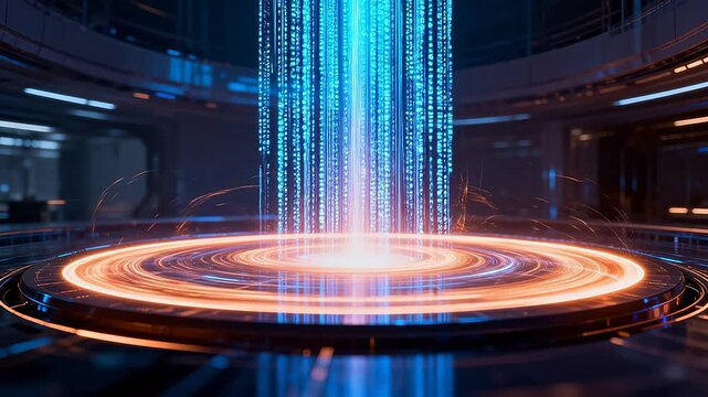 Futuristic circular platform with orange ring and blue digital data stream