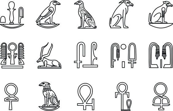 Ancient egyptian hieroglyphic symbols and animal illustrations