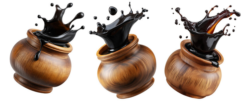 Set of Egyp Molasses black syrup jar splashing from a polished jar, isolated on white background, concept of Arabic Cuisine