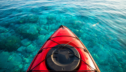 Point of view shot of red kayak nose floating on crystal clear turquoise ocean water with stones visible at bottom for summer adventure concept