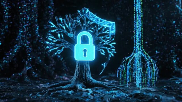 Digital Forest Guardian A glowing padlock on a binary tree symbolizing robust cybersecurity, data privacy, and secure information in a futuristic digital landscape