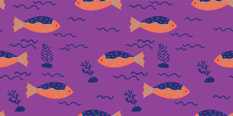Seamless Fish Pattern with Corals on Purple Background, Decorative Marine Vector Texture for Textile and Wallpaper Design