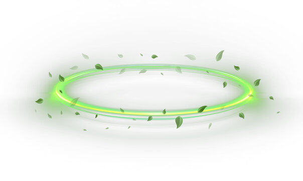 Green neon ring. Glowing circle.Fresh wind swirls with green leaves and glitter and neon green lines  Glow effect. Round light frame. Abstract light lines of motion and speed. PNG