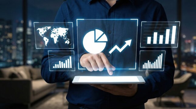 Businessman analyzing futuristic data dashboards with global maps,charts,and graphs,concept for big data analytics and digital transformation - Powered by Adobe