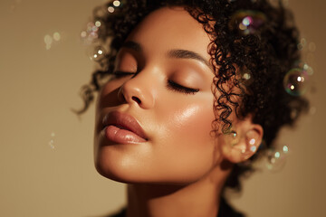 Perfect attractive beauty black skin female woman model closed eye showcasing eyebrows and eyelashes, elegant make-up cosmetic background.