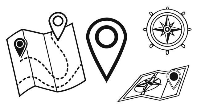 A set of navigation icons including maps and compasses in a minimalist line art style