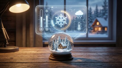 Snow globe with cabin in winter landscape on wooden table,smart interface hologram showing weather forecast and temperature inside cozy home interior