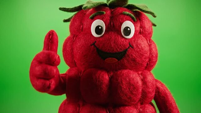 Cheerful Raspberry Mascot Giving Thumbs Up on Green Background.